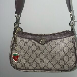 Gucci Beige and Brown GG Shoulder Bag with Strawberry Charm